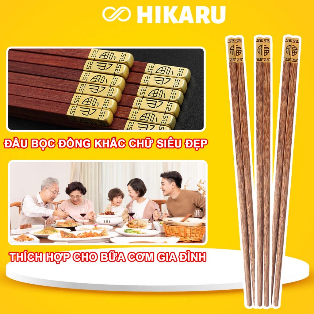 Đũa Gỗ Bọc Đồng (Chống Nấm Mốc) HIKARU Set Đũa Gỗ Ăn Cơm Chất Liệu Gỗ Cánh Gà Cao Cấp