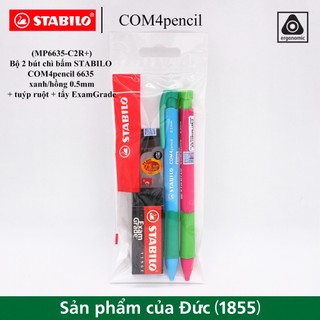 Bộ 2 bút chì bấm stabilo com4pencil 6635/7 0.5/0.7mm + tuýp ruột + tẩy examgrade