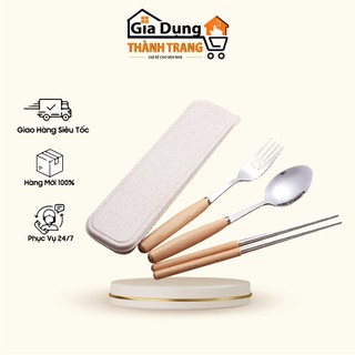 Bộ đũa, thìa, dĩa inox cán gỗ hộp đựng lúa mạch