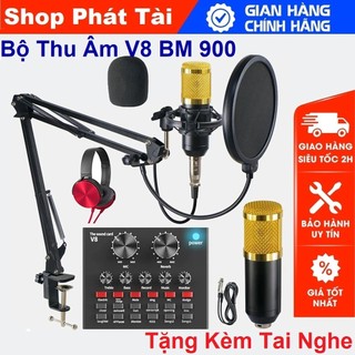 Bộ Thu Âm Micro Bm 900, Sound Card V8, Tặng Giá Đỡ Micro Và Tai Nghe Chụp Tai XB 450 - Trọn Bộ Thu Âm, Livestream.