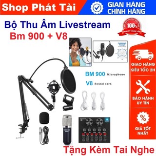 Soundcard V8 Chính Hãng Có Bluetooth + Mic Karaoke Livetream BM 900 Cao Cấp, Có AutoTune Chuẩn Phòng Thu (Tặng Tai Nghe)