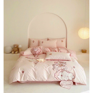Set chăn ga gối cotton line thêu “ ngựa pony hồng”