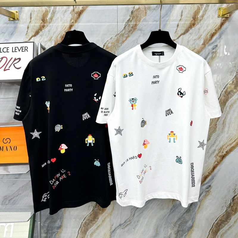  Áo phông nam nữ Dsquared2 in hình item sticker chó sao nấm chữ quanh áo cổ bo dày dặn. Áo Thun DSQ2 Form Unisex Siêu Hot 