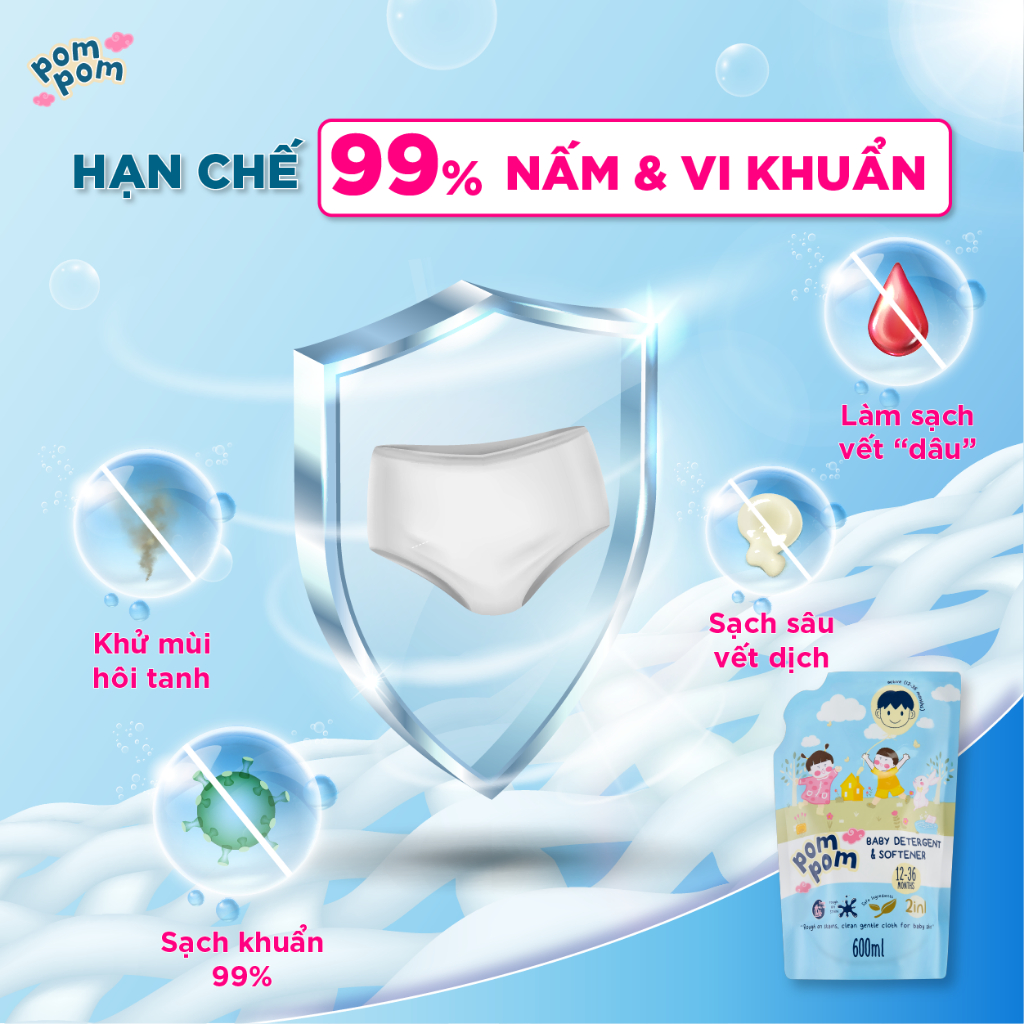 Nước Giặt Xả 2in1 Pom Pom Active Sạch Vi Khuẩn, Nấm Mốc, Làm Sạch Vết Ố Vàng, Vết Dâu Trên Đồ Lót