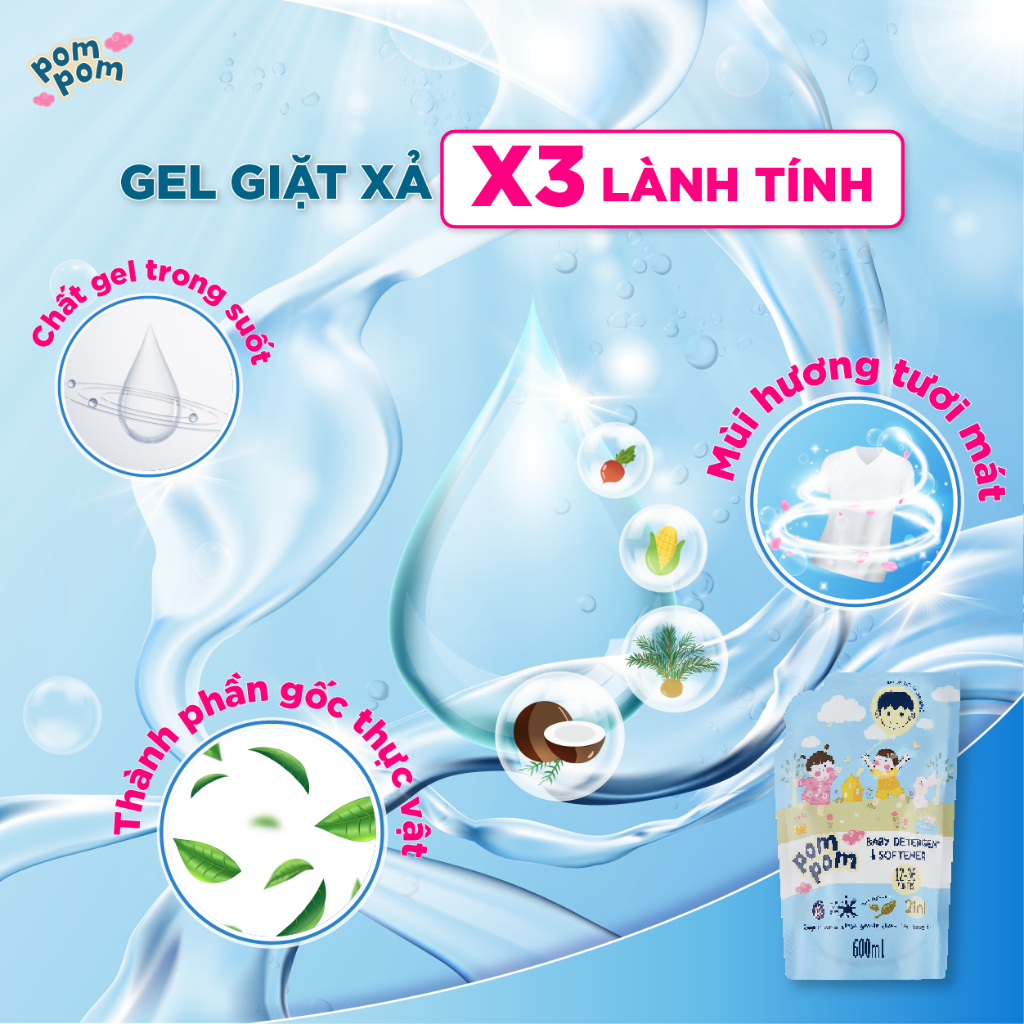 Nước Giặt Xả 2in1 Pom Pom Active Sạch Vi Khuẩn, Nấm Mốc, Làm Sạch Vết Ố Vàng, Vết Dâu Trên Đồ Lót