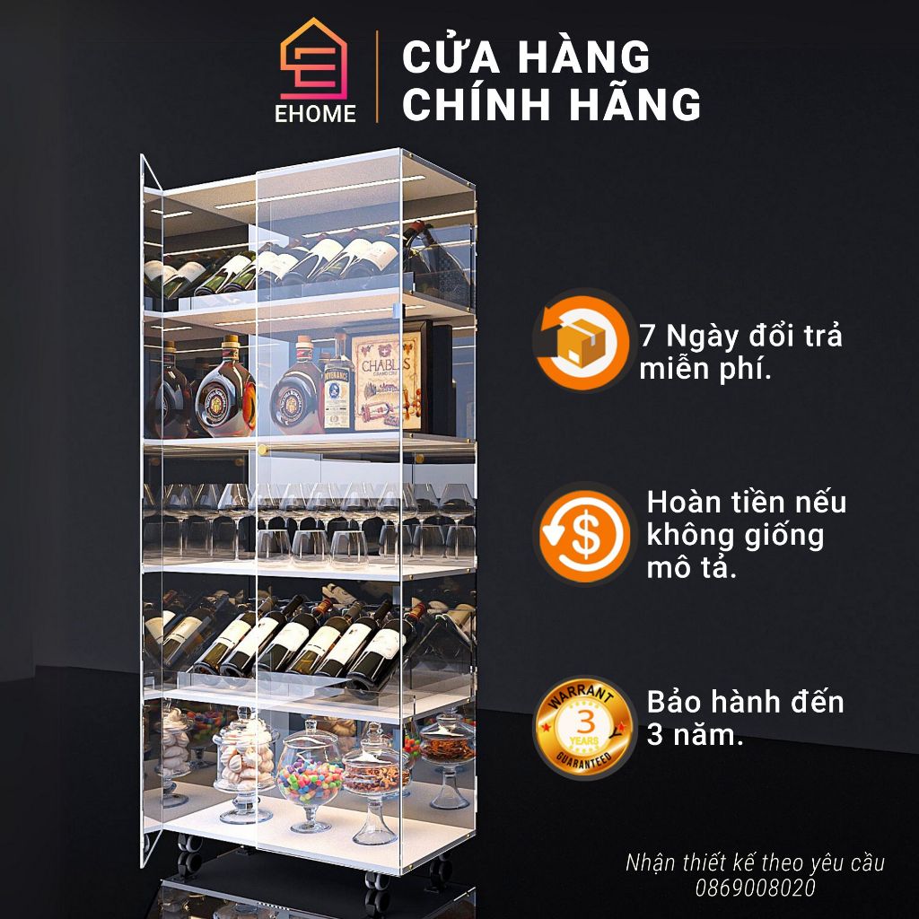 Tủ Rượu Mica Trong Suốt Chữ Nhật (SIZE 60 x40cm)EHOME Có Cửa Mở 2 Bên, Chốt Nam Châm, Bánh Xe Di Chuyển Xoay 360 độ