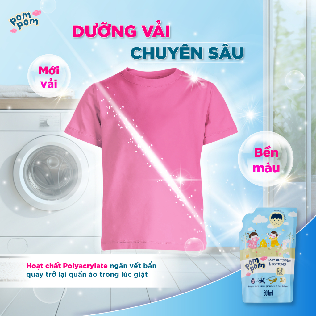 Nước Giặt Xả 2in1 Pom Pom Active Sạch Vi Khuẩn, Nấm Mốc, Làm Sạch Vết Ố Vàng, Vết Dâu Trên Đồ Lót