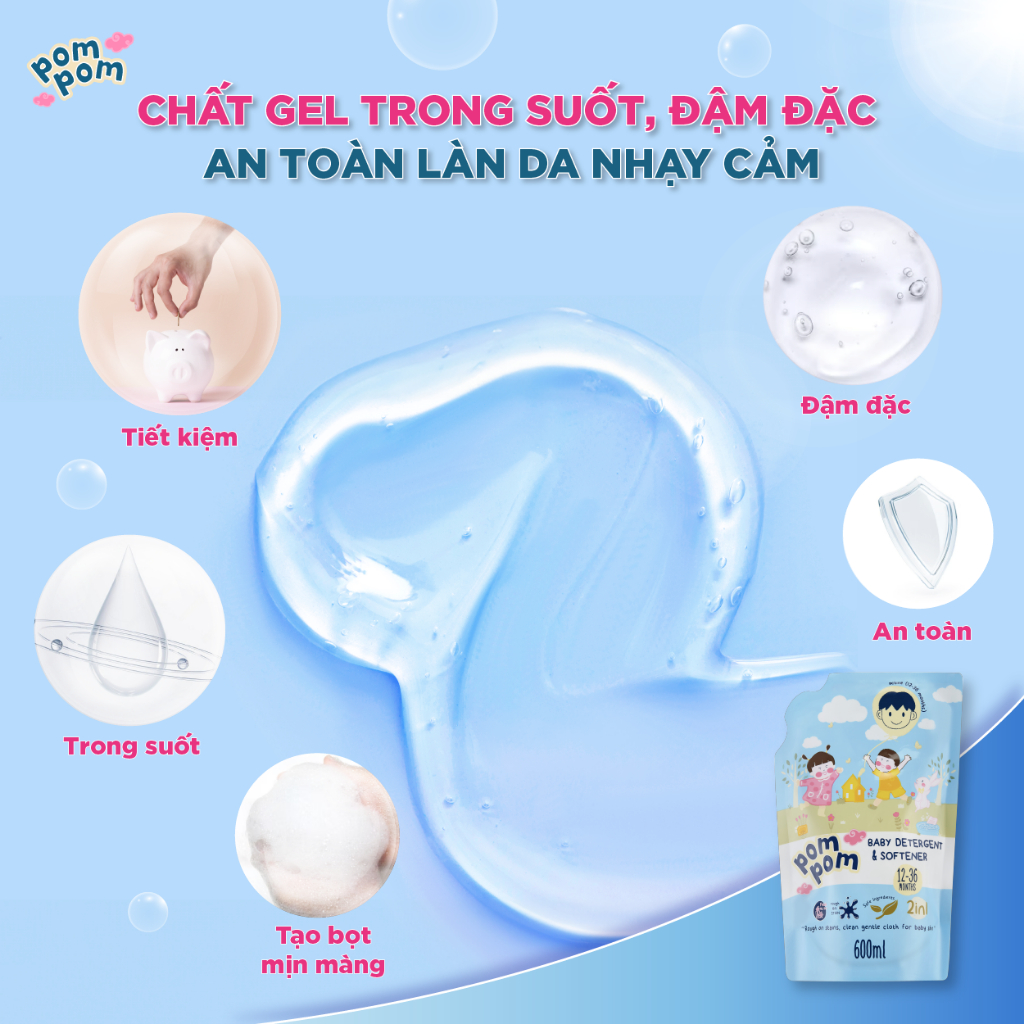 Nước Giặt Xả 2in1 Pom Pom Active Sạch Vi Khuẩn, Nấm Mốc, Làm Sạch Vết Ố Vàng, Vết Dâu Trên Đồ Lót