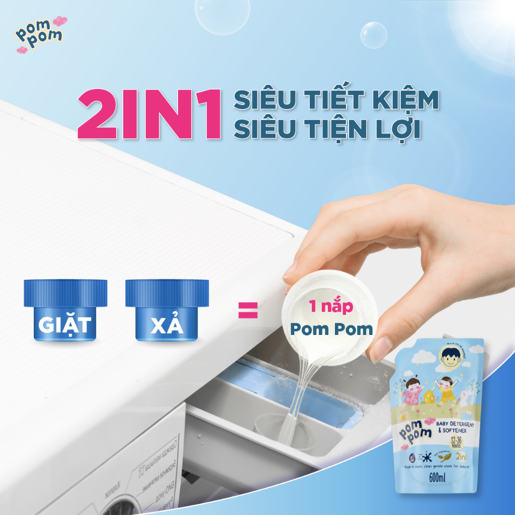 Nước Giặt Xả 2in1 Pom Pom Active Sạch Vi Khuẩn, Nấm Mốc, Làm Sạch Vết Ố Vàng, Vết Dâu Trên Đồ Lót