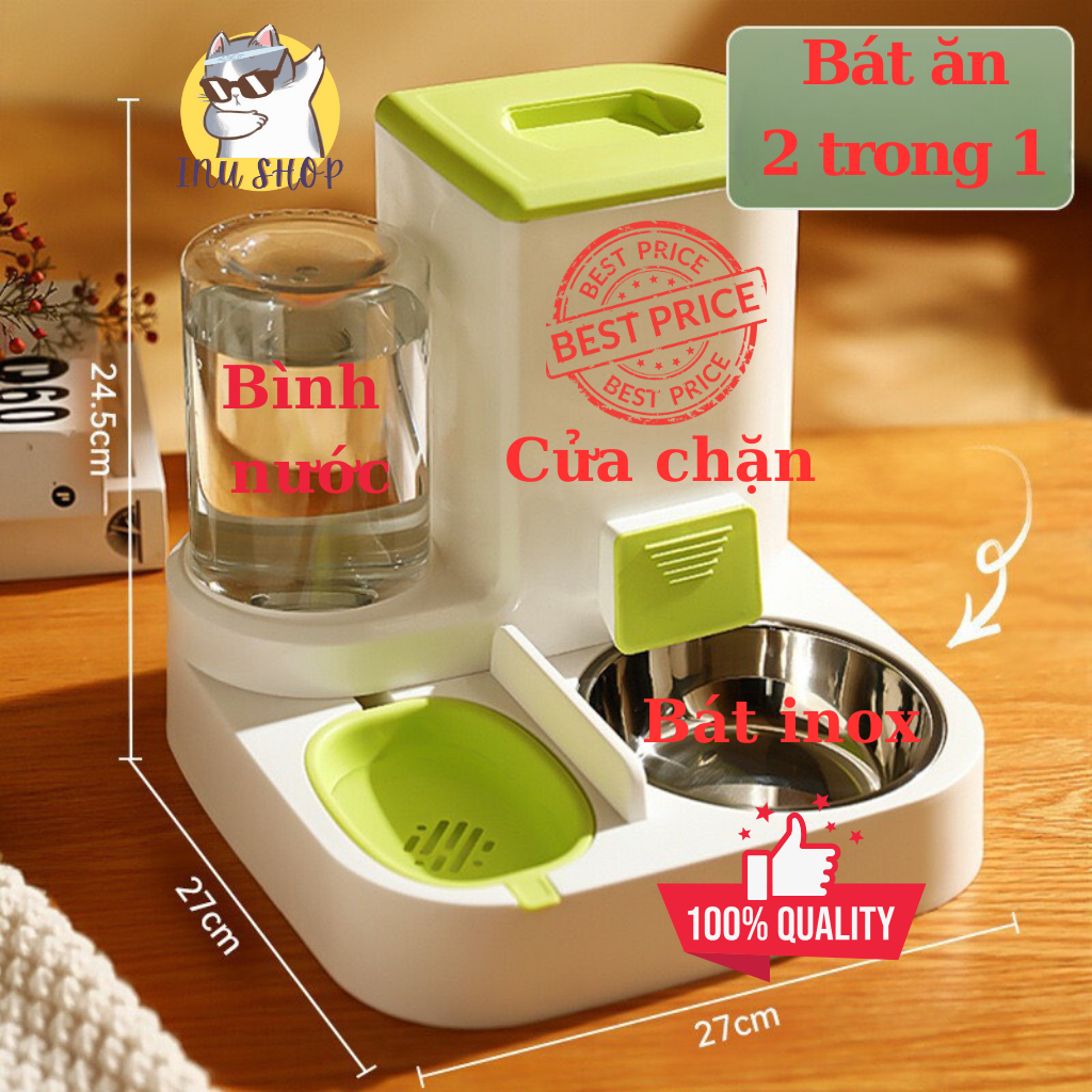 Bát ăn cho mèo thiết kế mới với bình nước rời, có cửa chặn khay đựng thức ăn khô