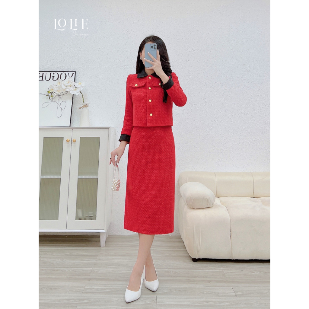 Set dạ text cổ đức nữ (gồm áo và  chân váy)- S671 - Design by  LOLIE