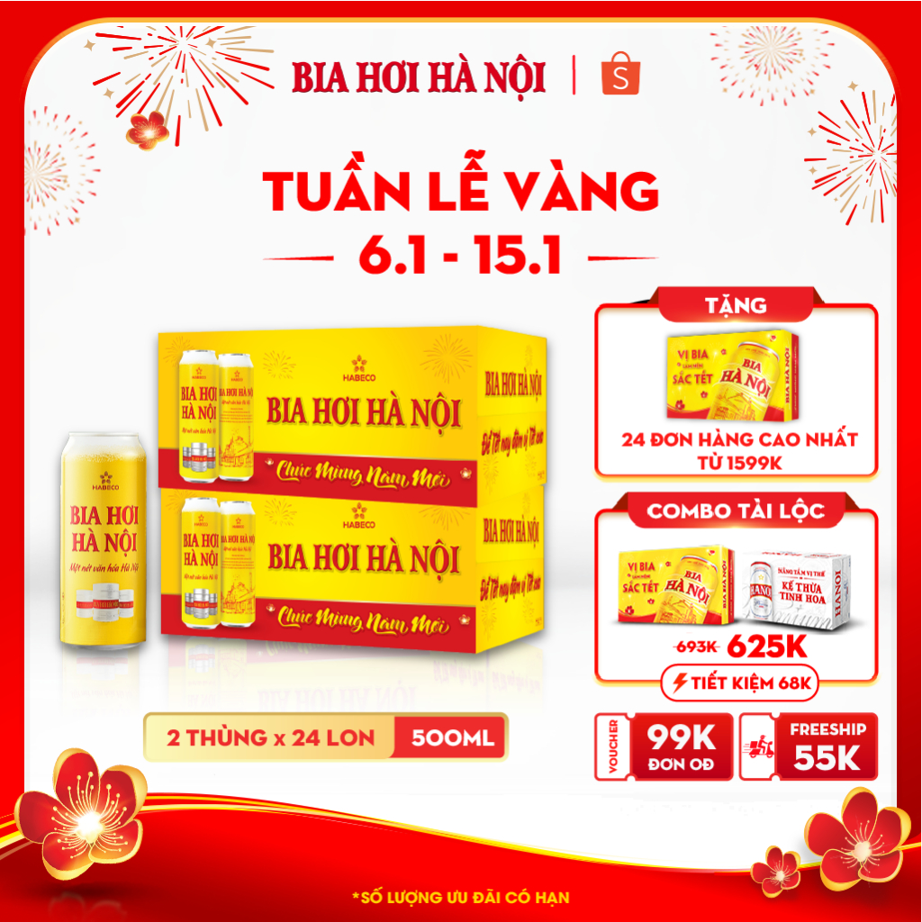 COMBO 2 Thùng 24 lon Bia Hơi Hà Nội – HABECO (500ml/lon) - Phiên bản Tết