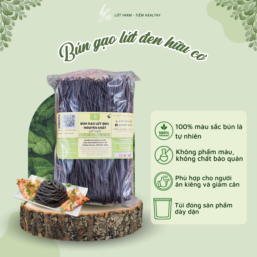 Bún phở gạo lứt đen nguyên chất hữu cơ túi 500g, Bún phở gạo lức thực dưỡng tốt cho sức khỏe Lứt Farm - Tiệm healthy