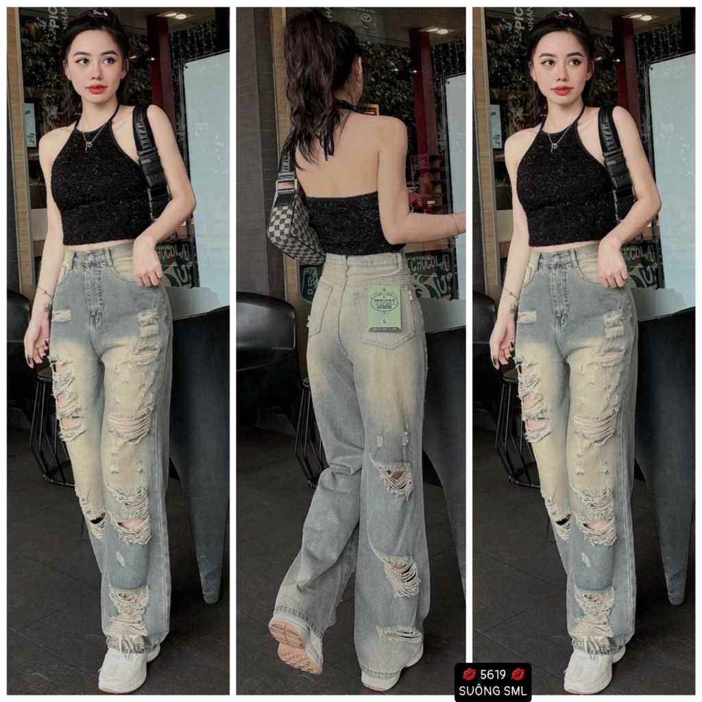 Quần Jean Nữ Ống Suông Rộng Cạp Cao Tulips  ,Quần Bò Jeans Nữ Ống Rộng Phong Cách Ulzzang(5619)