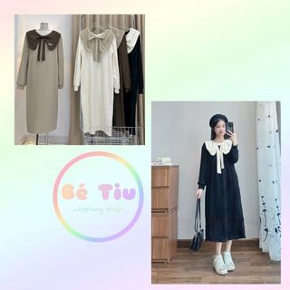 Đầm Dáng Suông Thiét Kế Cổ Nơ Khuy Nơ Nhỏ Cài Đầm , Tay Dài Dáng Tiểu Thư Váy Mùa Đông | be_tiu_clothing