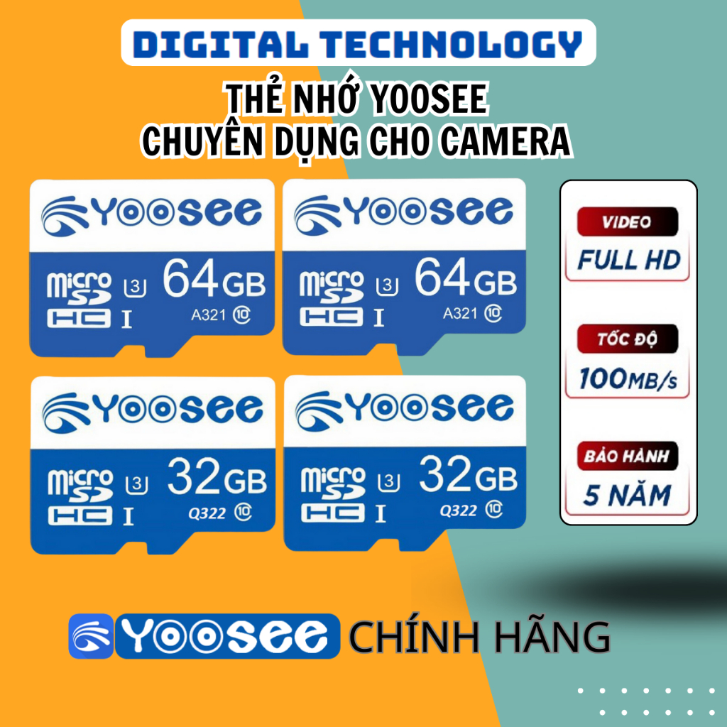 Thẻ Nhớ Yoosee 64GB /32GB Tốc Độ Cao, Class 10, Thẻ Nhớ Chuyên Dụng Camera, Loa Đài, Điện Thoại- Thẻ Nhớ Camera Yoosee