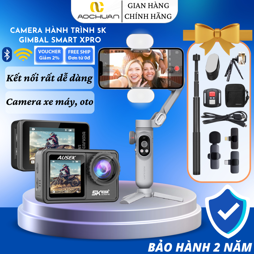 Gimbal Smart Xpro, Camera hoạt động 5K chính hãng AOCHUAN, Tay cầm chống rung trang bị đèn led