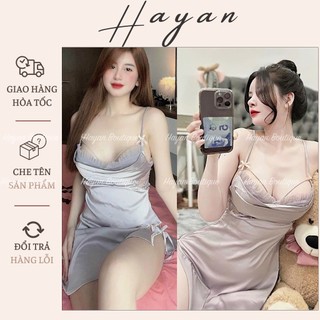 HT215 Váy ngủ sexy 2 dây cổ đổ sang chảnh, đồ ngủ lụa xẻ hông đơn giản quyến rũ HT215