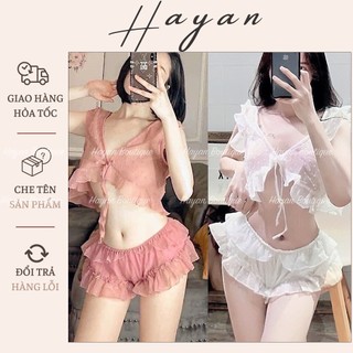  HT34 Bộ ngủ sexy chấm bi dễ thương dây cài đồ ngủ dáng ngắn tôn dáng quyến rũ HT34 