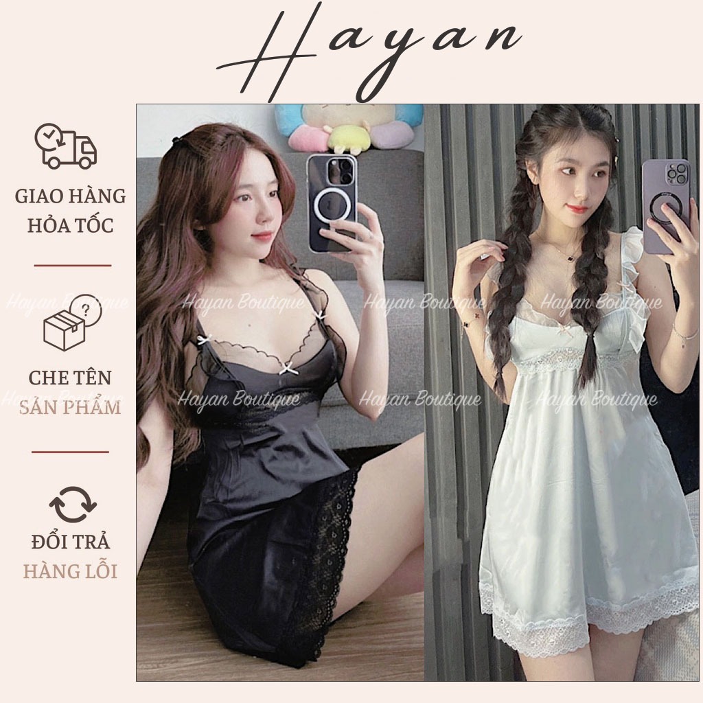 HT122a Váy ngủ sexy 2 dây cánh tiên phối ren sang chảnh, đầm ngủ lụa đơn giản gợi cảm HT122a