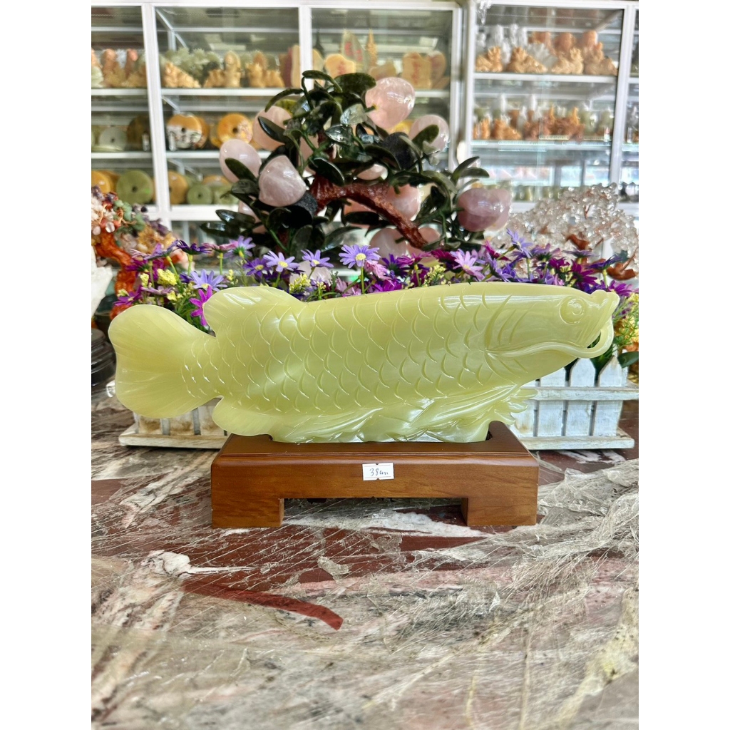 Tượng Cá Rồng, Cá Ngân Long phong thủy tài lộc đá ngọc Onyx - Dài 38 cm