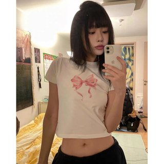 Áo thun baby tee nữ Jennie nơ hồng vải cotton cao cấp dầy dặn VNXK