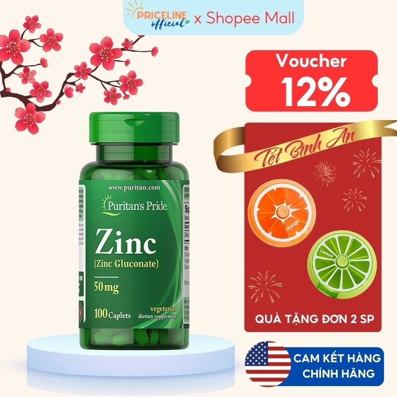 Viên uống bổ sung kẽm Puritan's Pride Zinc Gluconate 50mg 100-250 viên hỗ trợ mờ thâm giảm mụn
