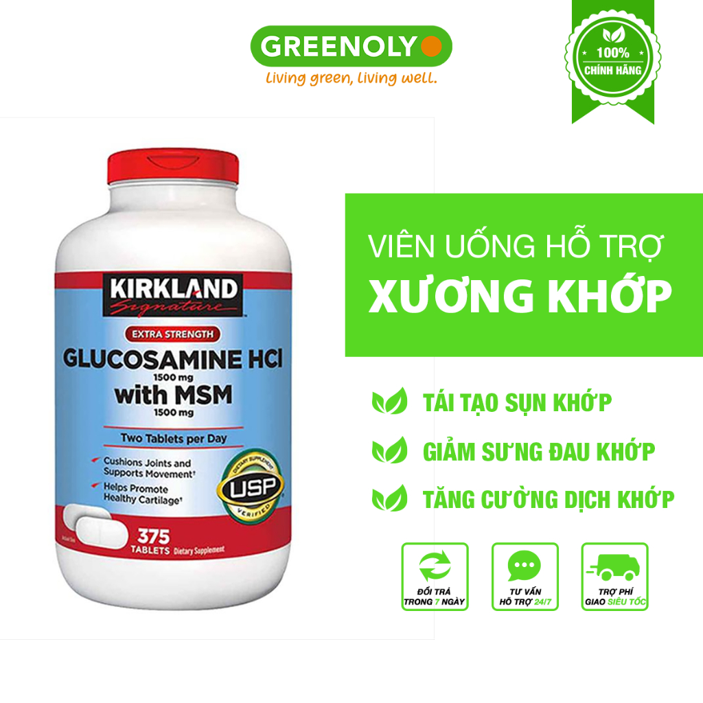 Kirkland Viên Uống Bổ Sung Glucosamine HCL With MSM 1500mg 375 Viên, Nắp Đỏ