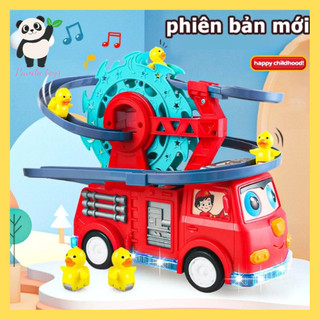 Xe ô tô đồ chơi cứu hỏa chở đường đua vịt leo thang cầu trượt có đèn nhạc cho bé