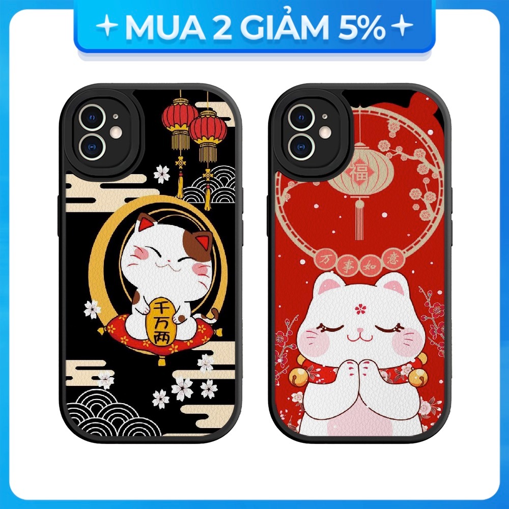 Ốp Lưng Vân Da iPhone 16 Pro Max/15 Pro Max/15 Plus/14 Pro Max/14 Pro/13 Pro/12 Dẻo Đen Hình Mèo Tết