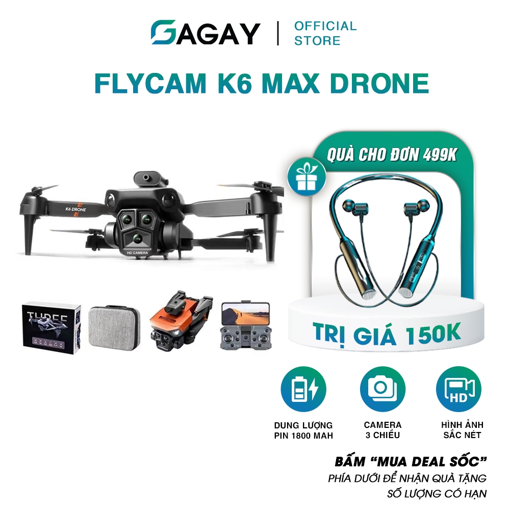 Flycam Mini K6 Max Drone Pro Máy Bay Điều Khiển Từ Xa Camera 3 Chiều Góc Rộng Nhào Lộn 360 Độ Bảo Hành 12 Tháng GAGAY