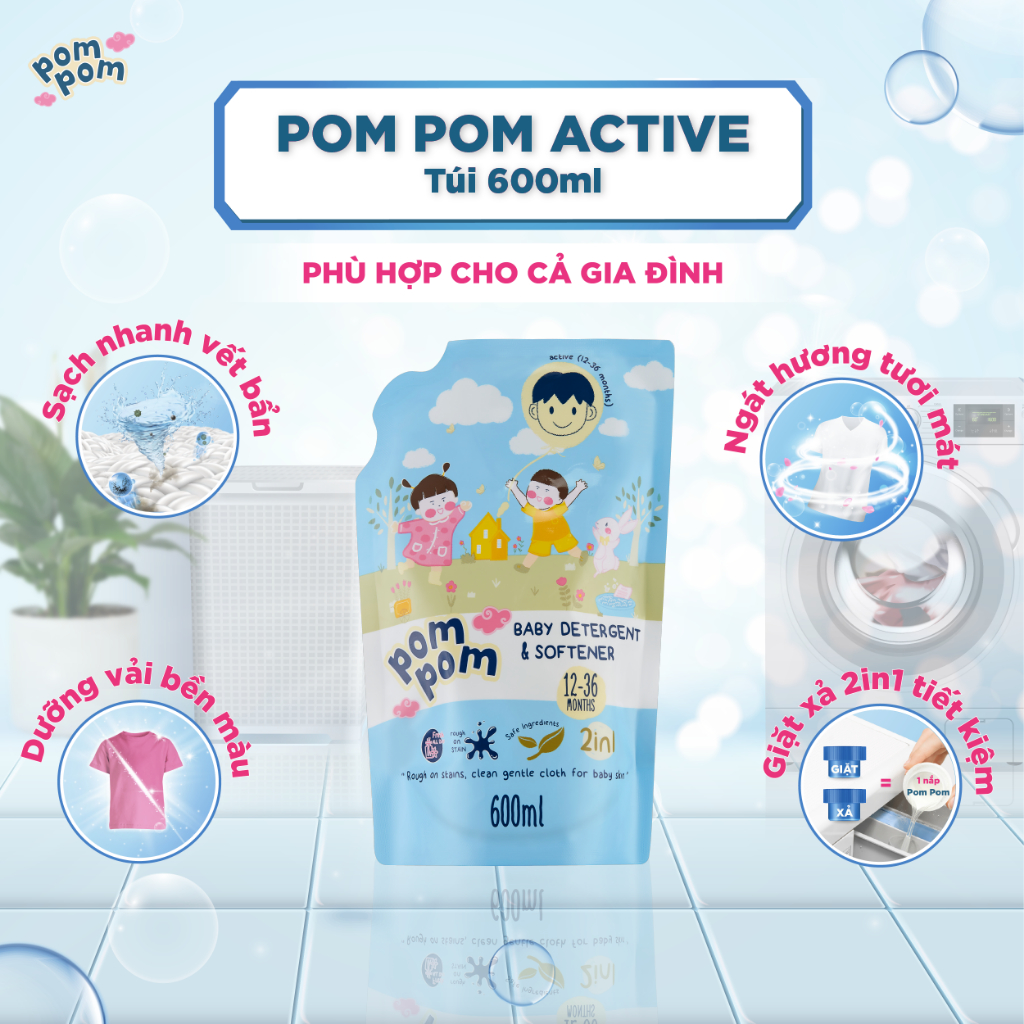 Nước Giặt Xả 2in1 Pom Pom Active Sạch Vi Khuẩn, Nấm Mốc, Làm Sạch Vết Ố Vàng, Vết Dâu Trên Đồ Lót
