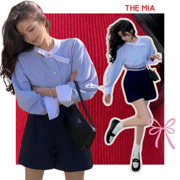 Áo sơ mi kẻ xanh phối cổ phong cách Hàn Quốc , Áo kẻ Hottrend hàng cao cấp