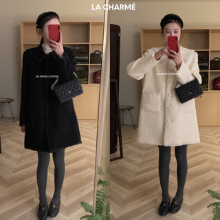 𝗟𝗔 𝗖𝗛𝗔𝗥𝗠𝗘́ | Váy TWEED lông vũ cổ bẻ cúc bọc 60300 I MISS