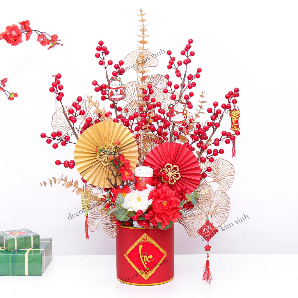 Chậu Đào Đông Trang Trí TẾT A29 May Mắn Tài Lộc – Handmade