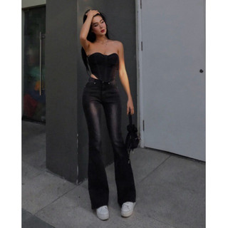 Jeans loe cạp thấp xám