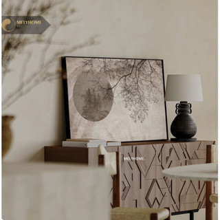 60 x 90 cm-Tranh đơn ngang dọc cổ điển vintage retro nghệ thuật Ánh trăng bóng cây ban đêm màu xám decor phòng khách sạn