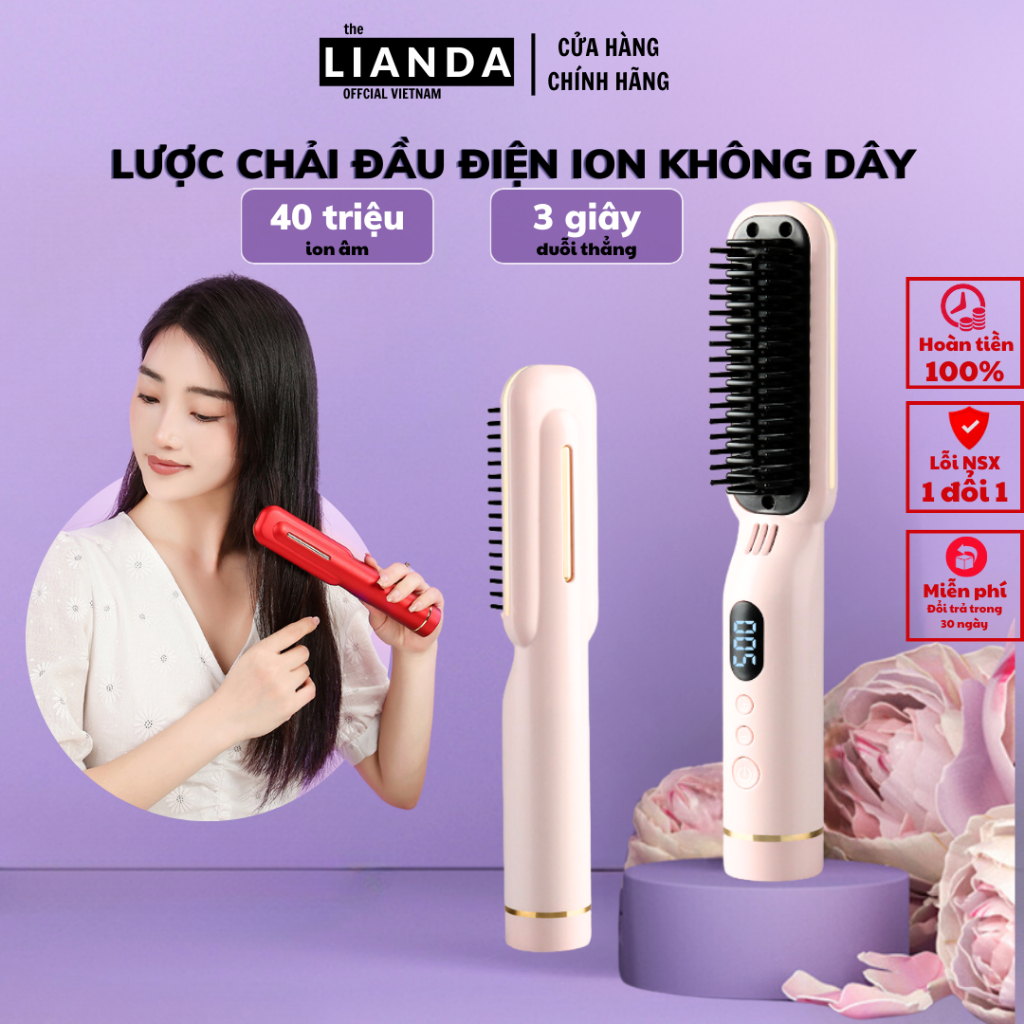 Lược Chải Đầu Điện Ion Âm LIANDA Không Dây Chăm Sóc Tóc Suôn Mượt Tạo Kiểu 3 Mức Nhiệt