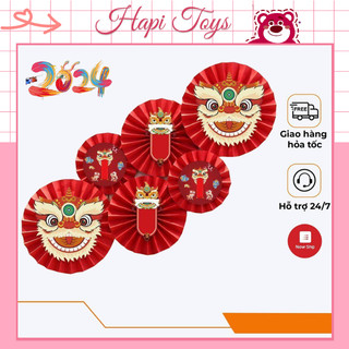 Set 6 quạt giấy đầu lân, trang trí sự kiện, nhà cửa, lễ hội, tết set quạt vip đầu lân 3 size trang trí tết 2024