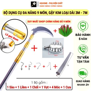 Bộ Dụng Cụ Gậy Sào Rút Gọn 3m - 7m Gồm 9 món: Sào Kim Loại, Vợt Quả, Cưa, Liềm Cắt Cành, 4 Móc Đa Năng, Chổi Lau Trần