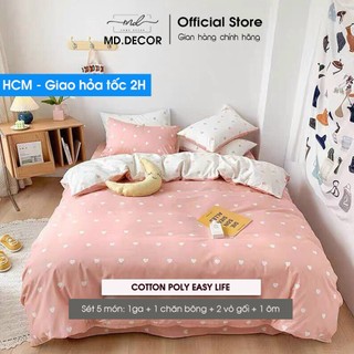 Bộ chăn ga gối cotton poly md.decor - bedding họa tiết tim hồng size drap m2 m4 m6 m8