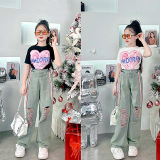 Đồ bé gái , sét bộ áo cotton croptop tim phối quần Jeans rách sành điệu cho bé 10-30kg