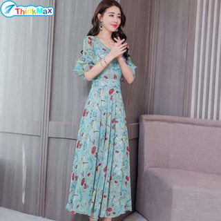 Thinkmax Đầm Dài Xòe Rộng Tay Cộc In Hoa Diềm Xếp Nếp Thanh Lịch Có Kích Thước Lớn Cho Nữ