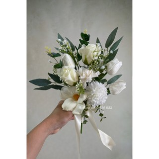 Hoa cầm tay cô dâu hoa Tulip lụa cao cấp, hoa cưới cầm tay cô dâu hoa hồng sáp thơm hoa lụa handmade