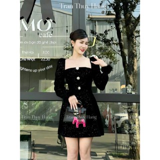 Đầm váy nhung kim sa cổ vuông tay dài phối lông sành điệu mát mẻ tôn dáng