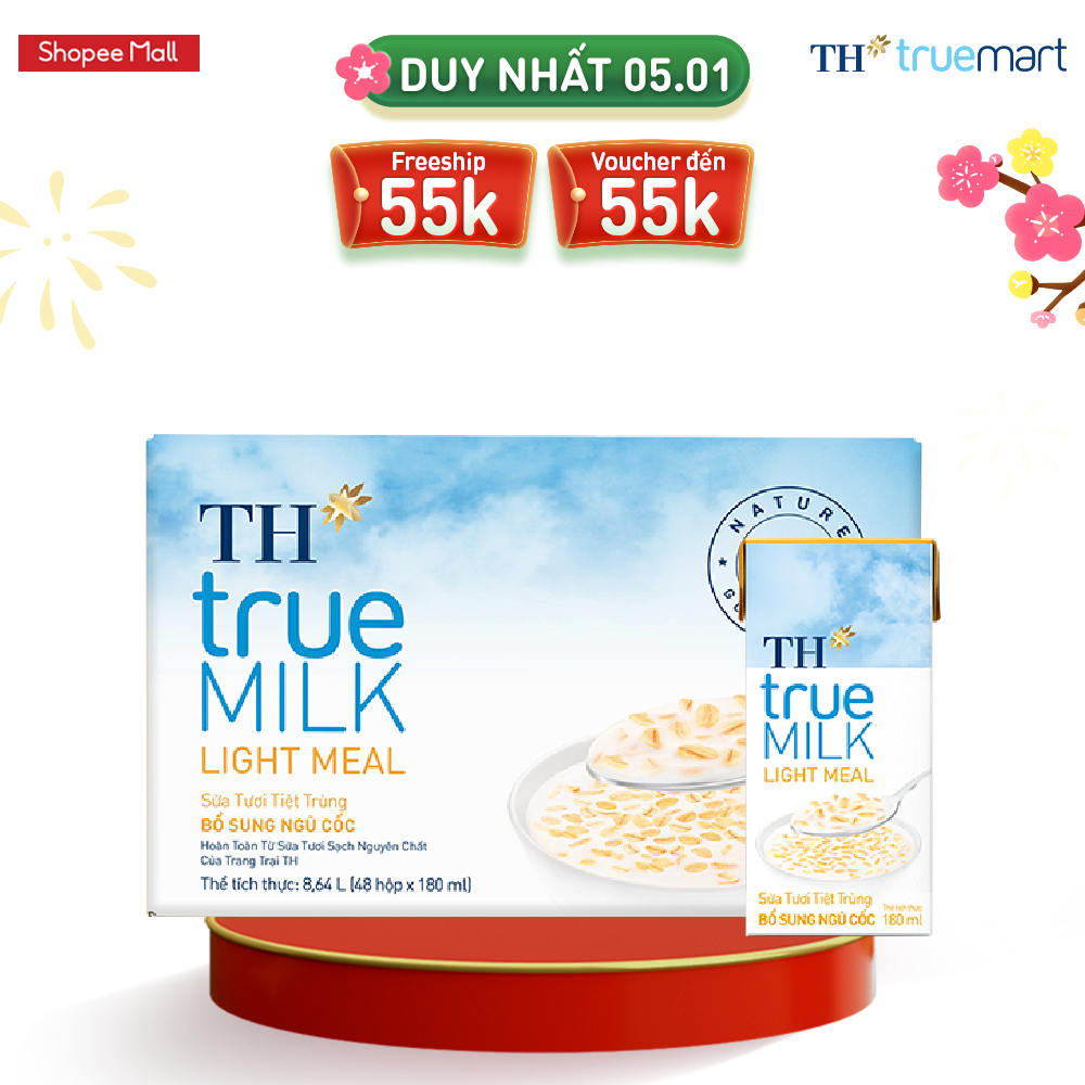 Thùng 48 hộp sữa tươi tiệt trùng TH True Milk Light Meal bổ sung ngũ cốc 180ml 