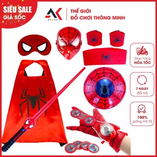 Bộ Áo Choàng Mặt Nạ Siêu Nhân Người Nhện Spider man Gồm Khiên Gậy Ánh Sáng Găng Tay Bắn Tơ - Hóa Trang Siêu Nhân