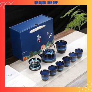 Bộ ấm chén,Bộ ấm trà Men Hoả Biến Ful 10 món xanh đậm,bộ ấm trà,bộ ấm pha trà