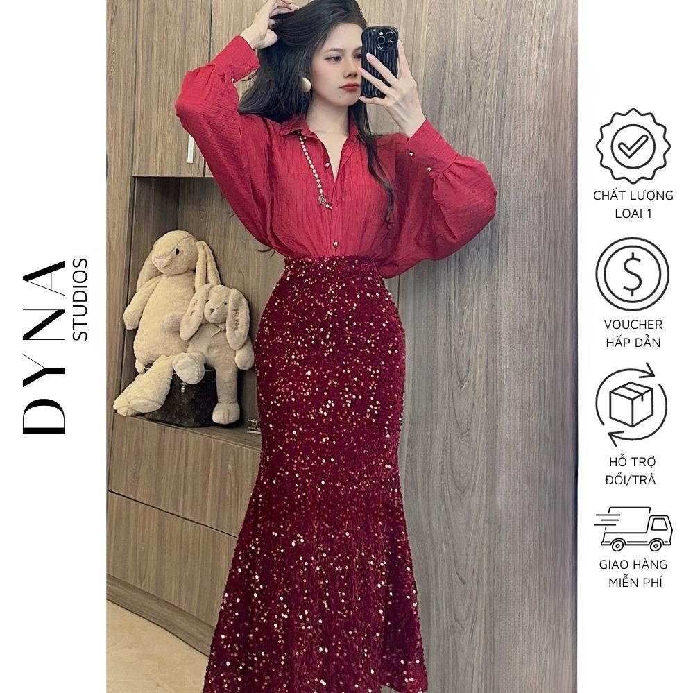 Set áo sơ mi cổ đức tay dài cánh dơi 𝐑𝐃𝐘 kèm chân váy nhung kim sa đuôi cá dáng dài