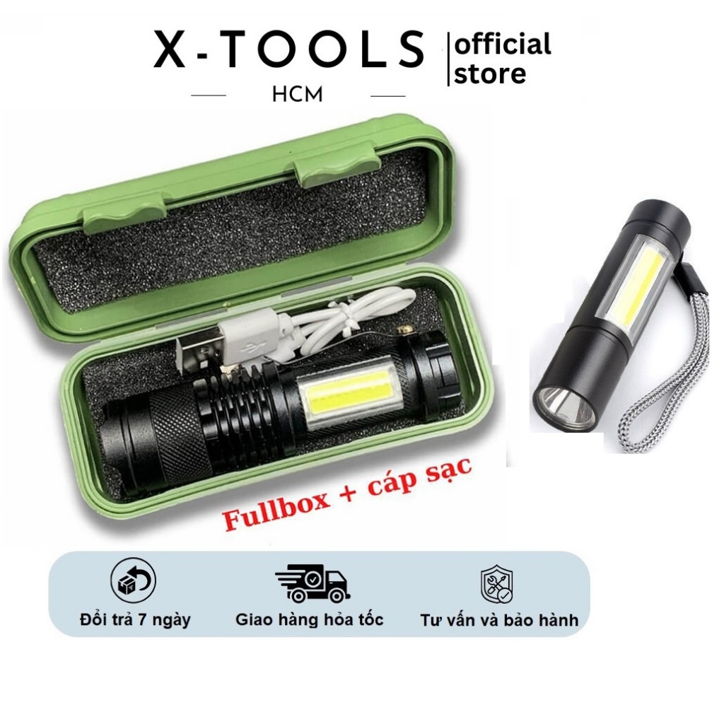 Đèn Pin 911 Siêu Sáng Mini Có Zoom Xa Gần 3 Chế Độ Sáng Sạc USB Có Móc Treo Tiện Dụng Tặng Kèm Hộp Đựng Dây Sạc